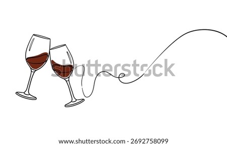 Continuous line champagne cheers one line art, continuous drawing contour.Toasting with wine glasses with drinks. Cheers toast festive decoration for holidays. Vector illustration on white background