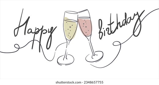 Continuous line champagne happy birthday cheers one line art, continuous drawing contour. Cheers toast festive decoration for holidays. Vector illustration