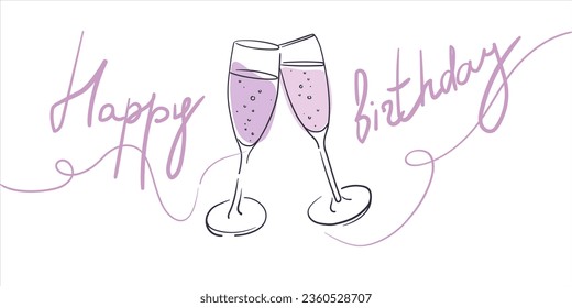 Continuous line champagne happy birthday cheers one line art, continuous drawing contour. Pink cheers toast festive decoration for holidays. Vector illustration