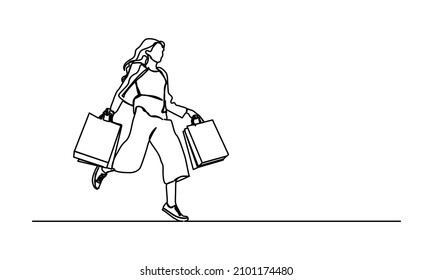 continuous line cheerful and happy woman enjoying shopping she holds shopping bags
