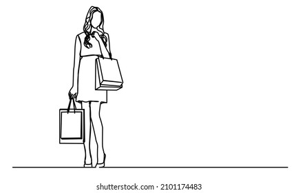 continuous line cheerful and happy woman enjoying shopping she holds shopping bags
