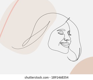 Continuous line, Cheerful laughter funny girl having flying hair. Drawing of set People. (Vector illustration one line drawing)