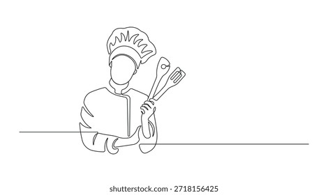 Cocinero de línea continua con utensilios de cocina. Ilustración minimalista de arte de una línea