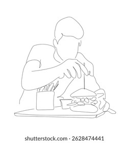 continuous line of chef making burger. single line of professional cooks cheese burger in kitchen. vector line art. Hand made vector not Al.