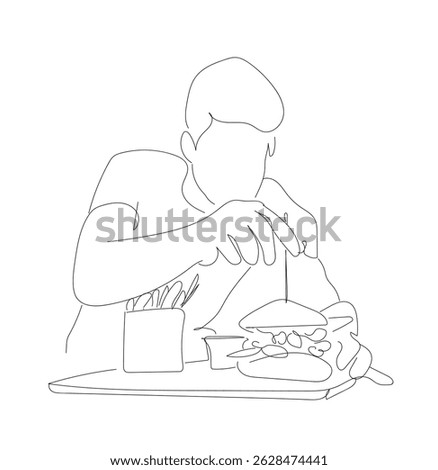 continuous line of chef making burger. single line of professional cooks cheese burger in kitchen. vector line art. Hand made vector not Al.