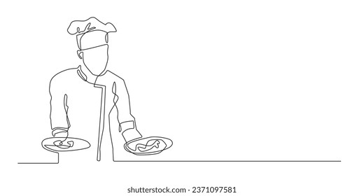 continuous line of chef showing dishes.single line vector of male chef and cooking.line art of male chef serving dishes with plate