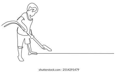 continuous line of child cleaning the room with a vacuum cleaner.one line drawing of child helping parent's work.cleaning the floor with a vacuum cleaner.vector illustration.isolated white background