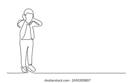 continuous line of child covering his ears.drawing one line child's mental health,child screaming and covering his ears.isolated white background