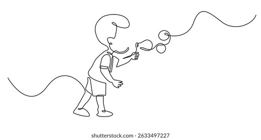 continuous line of child playing with soap bubbles.single line drawing blowing soap bubbles.minimalist line art vector illustration