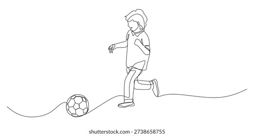 Continuous line of a child playing soccer