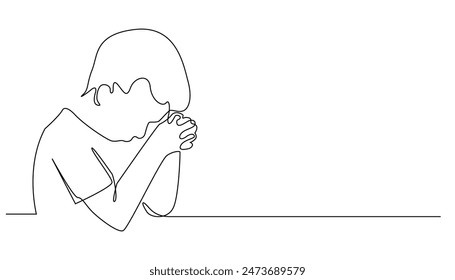 continuous line of child praying.line drawing of child praying bending both hands christian religion.line art of christian child praying.isolated white background