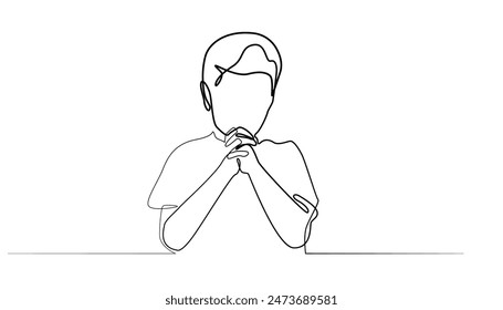 continuous line of child praying.line drawing of child praying bending both hands christian religion.line art of christian child praying.isolated white background