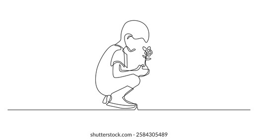 continuous line of child preparing to plant flowers.one line drawing of child holding flower seeds in hand.greening activity,ecology.single line vector illustration