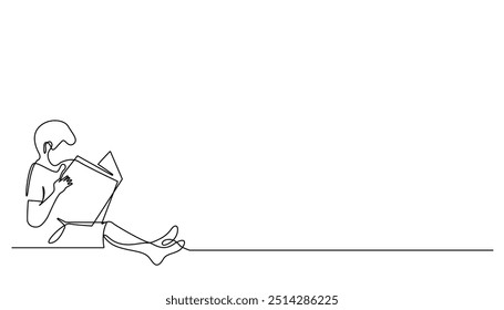 continuous line of child reading a book in a relaxed manner.one line drawing of out-of-school activities reading a story book.vector illustration.isolated white background