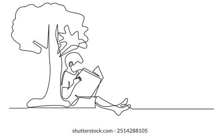 continuous line of child reading a book under a tree.one line drawing of reading a book outdoors.vector illustration.isolated white background