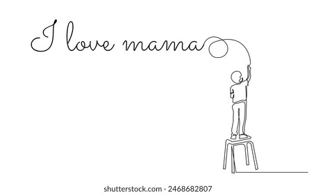 continuous line of child scribbling on the wall and writing the words I love mommy.one line drawing of child's love for mother.mother's day background.vector single line concept