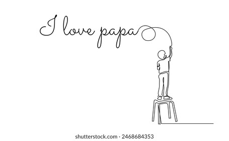 línea continua de garabatos infantiles en la pared y escribir las palabras me encanta papa.dibujo de una línea del amor de los niños por papa.fondo del día del padre.concepto de una sola línea de Vector