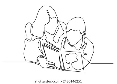 continuous line of child studying at home with parents.one line drawing of parents guiding child learning at home.one line vector of accompanying learning at home