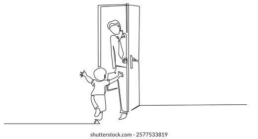 continuous line of child welcoming father home from work.one line drawing portrait of child running towards the door when father comes home from work.single line vector illustration.