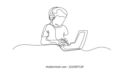 continuous line of children learning in the digital era. line drawing of children using online learning media