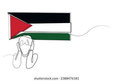 continuous line of children and the palestine flag.single line of flags of children covering ears under the palestine flag .free palestine.humanity.peace palestine