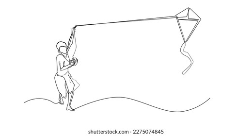 continuous line of children playing kites. draw one line of fun when children play kites. holidays outside the house playing kites