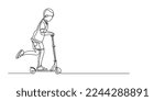 continuous line of children playing scooters. one line drawing of scooter playing outdoors. vector line art of kid playing scooter