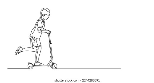 línea continua de niños jugando scooters. un dibujo de una línea de scooter jugando al aire libre. arte de línea vectorial de un niño jugando scooter