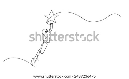 continuous line of children reaching for stars.single vector line of children reaching for goals.isolated white background