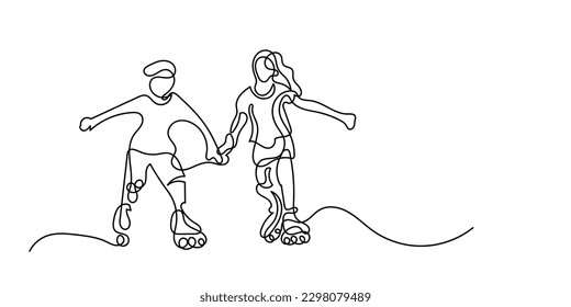 continuous line of children roller skating.one line drawing of children roller skating in park. roller skating sport.