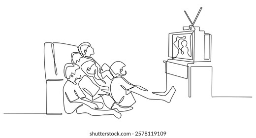 continuous line of children watching television broadcast together.one line drawing of holidays and watching television together.single line vector illustration.isolated white background