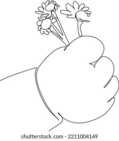 Continuous line of a child's hand. Flowers in a small hand.
