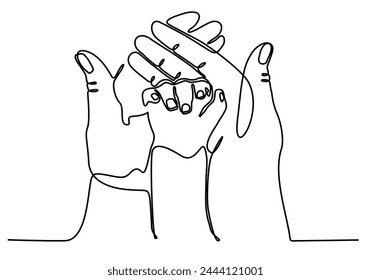 
continuous line of a child's hand holding his parent's hand, a symbol of love and care.