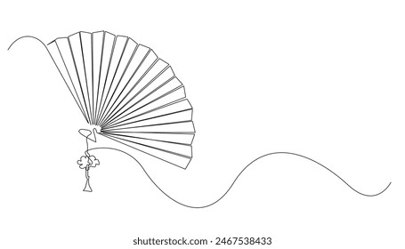 línea continua de ventiladores plegables chinos. dibujo de una línea de un ventilador plegable oriental. Recuerdo plegable chino tradicional