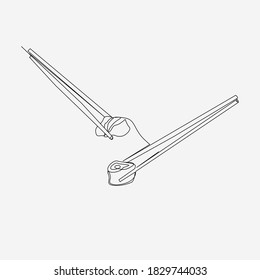 Continuous line, Chopsticks holding sushi. Drawing of set food. (Vector illustration one line drawing)