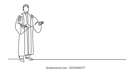 continuous line of christian priest.one line drawing of priest carrying christian bible.priest delivering the word of god.single line vector illustration.isolated white background