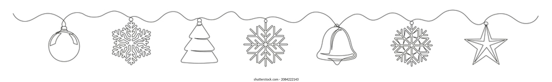 Continuous line of Christmas elements of ball, snowflakes, tree, bell and star. Concept theme Merry Christmas and Happy New Year. Vector illustration
