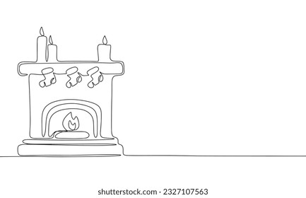 Continuous line Christmas fireplace art. Single line Christmas decor concept. Line art, outline, banner in minimalism style. Vector illustration