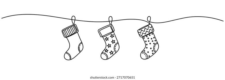 Linha contínua de design de meias de Natal. Ilustração vetorial Traçado editável