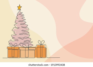 Continuous line Christmas tree gift happiness party celebration card hand drawn simple line vector illustration