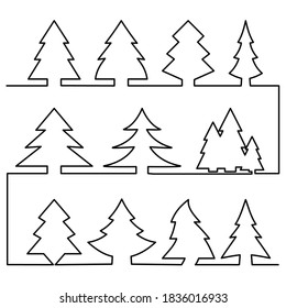 Continuous line christmas tree vector icons isolated. Happy Xmas monoline spruce or new year pines holiday silhouettes and shapes illustration