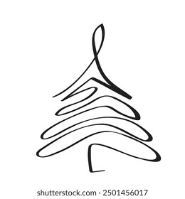 Continuous Line Christmas Tree Vector Icon, Happy Xmas Monoline Spruce, New Year Pines Holiday Silhouettes, One Line Christmas Tree Shapes Illustration