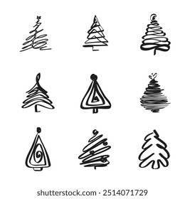 Continuous Line Christmas Tree Vector Icon, Happy Xmas Monoline Spruce, New Year Pines Holiday Silhouettes, One Line Christmas Tree Shapes Illustration Set