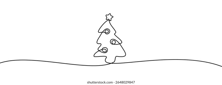 Continuous Line Christmas Tree Vector Icon, Happy Xmas Monoline Spruce, New Year Pines Holiday Silhouettes, One Line Christmas Tree Shapes Illustration