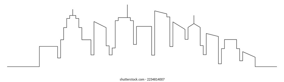 Continuous line city building. One single outline cityscape continuous construction. Editable stroke building background. Vector illustration.