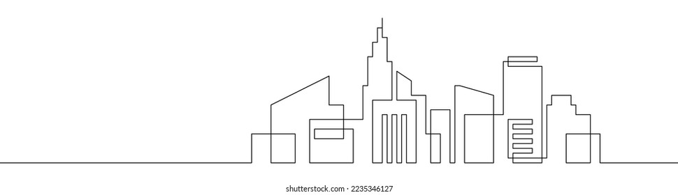 Continuous line city building. One single outline cityscape continuous construction. Editable stroke building background. Vector illustration.