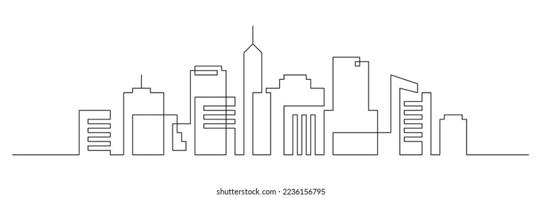 Continuous line city building. One single outline cityscape continuous construction. Editable stroke building background. Vector illustration.