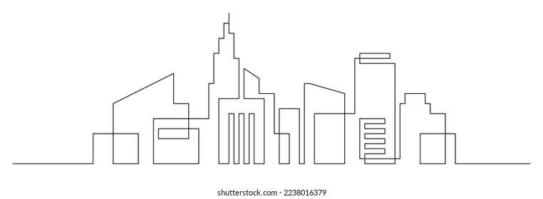 Continuous line city building. One single outline cityscape continuous construction. Editable stroke building background. Vector illustration.