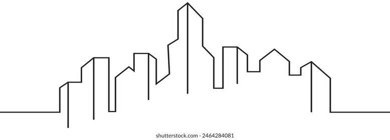 Continuous line city building. One single outline cityscape continuous construction. Editable stroke Vector illustration Building background.  EPS 10