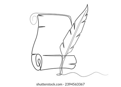 continuous line of classic pen and paper.paper and quill single line vector.isolated white background